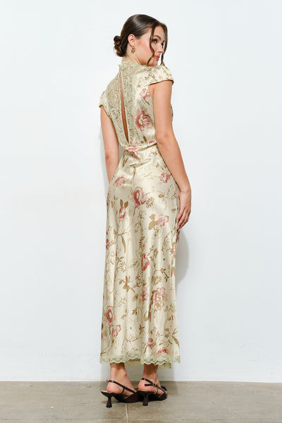 Floral Satin Lace Keyhole Back Maxi Dress