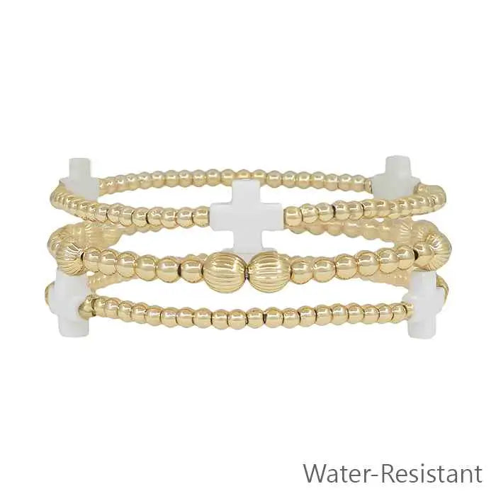 Water Resistant Gold Beaded & White Colored Cross Set of 3 Stretch Bracelets
