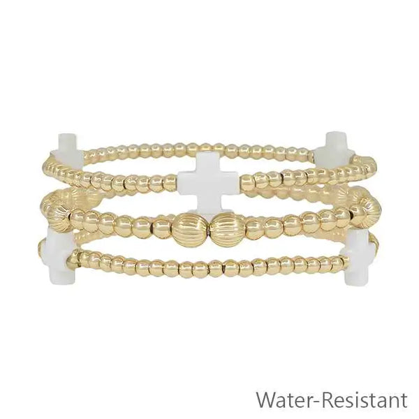 Water Resistant Gold Beaded & White Colored Cross Set of 3 Stretch Bracelets