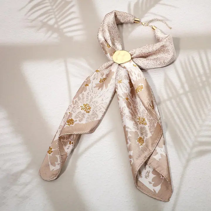 Hammered Metal Round Scarf Ring Printed Fabric Scarf Necklace