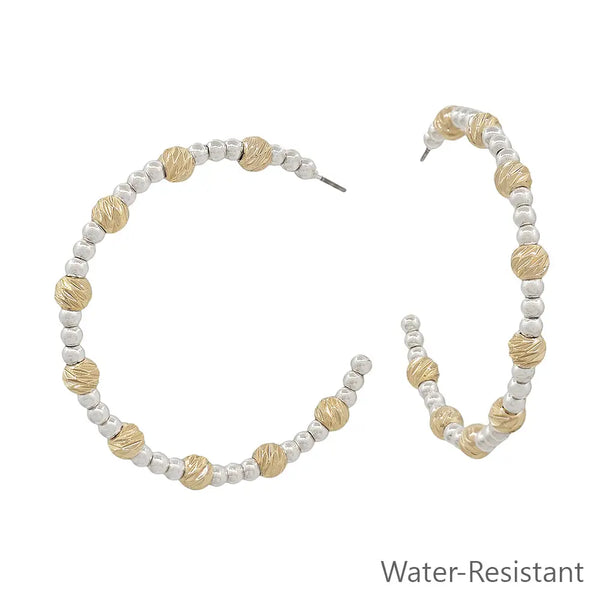 Water Resistant Silver Beaded w/ Gold Textured Accent 2" Hoop Earring