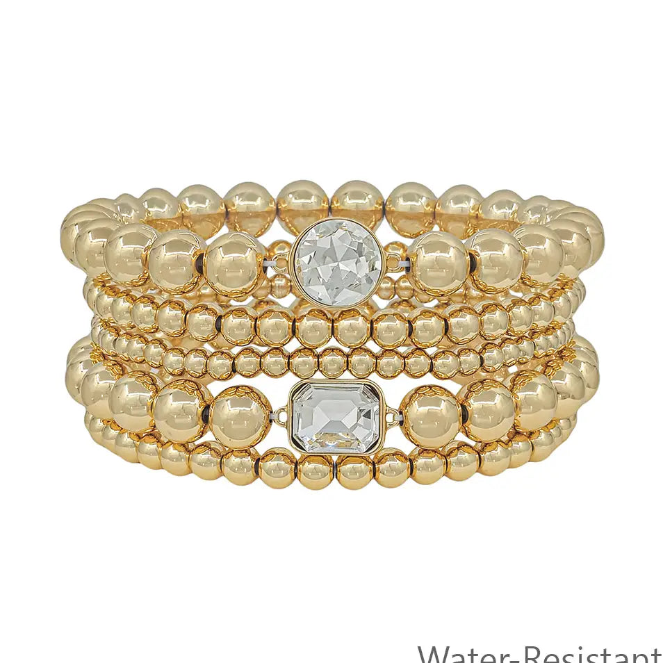 Water Resistant Gold Set of 6 Beaded Stretch Bracelets with Rhinestone Accents