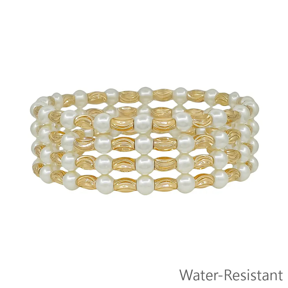 Gold Textured Oval w/ Pearl Beaded Set of 4 Stretch Bracelets