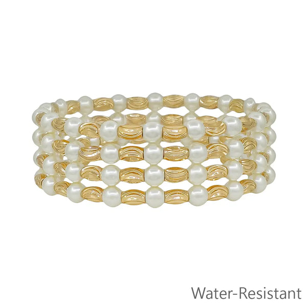 Gold Textured Oval w/ Pearl Beaded Set of 4 Stretch Bracelets