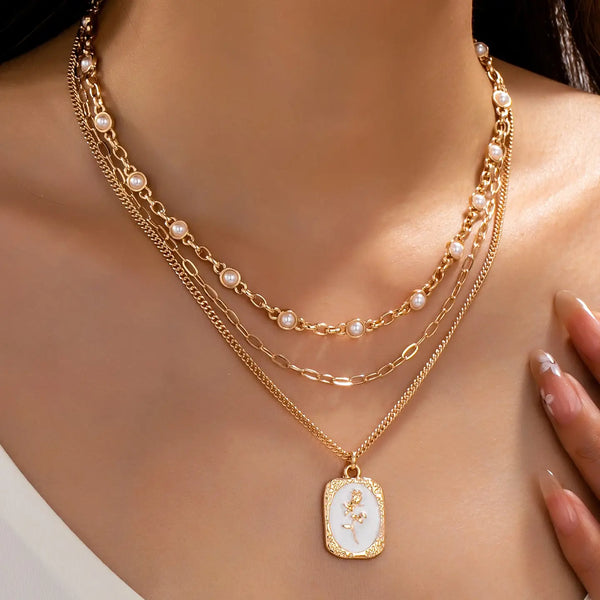Layered Enamel Pearl & Rose Tag Pendant Necklace