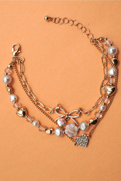 Multi Layer Heart Bow Porcelain Charm Bracelet
