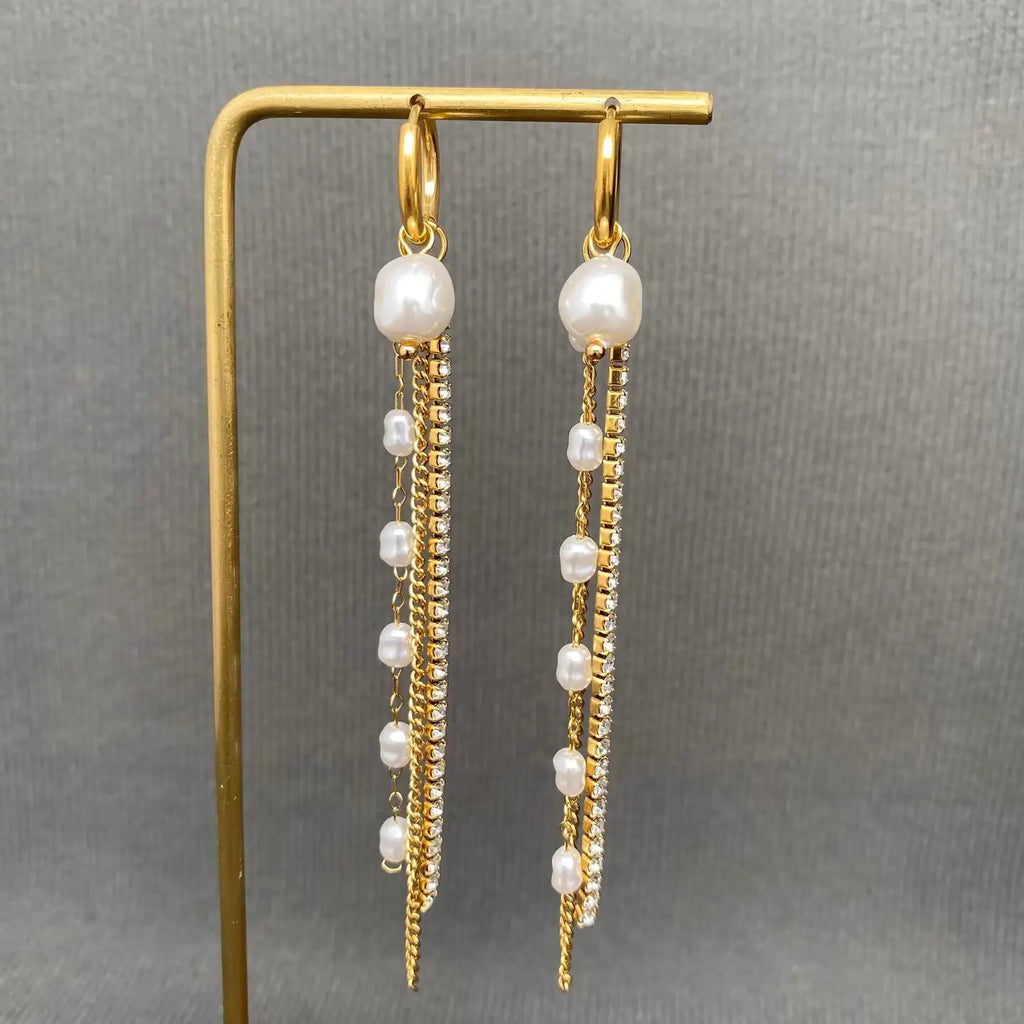 Zircon & Pearl Fringe 18K Gold Plated Huggie Earrings