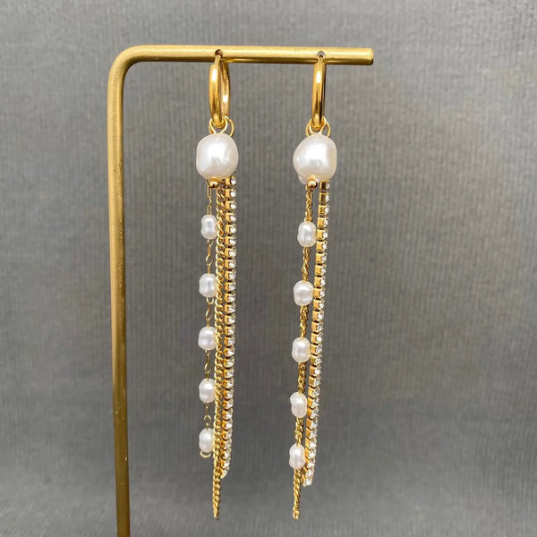 Zircon & Pearl Fringe 18K Gold Plated Huggie Earrings