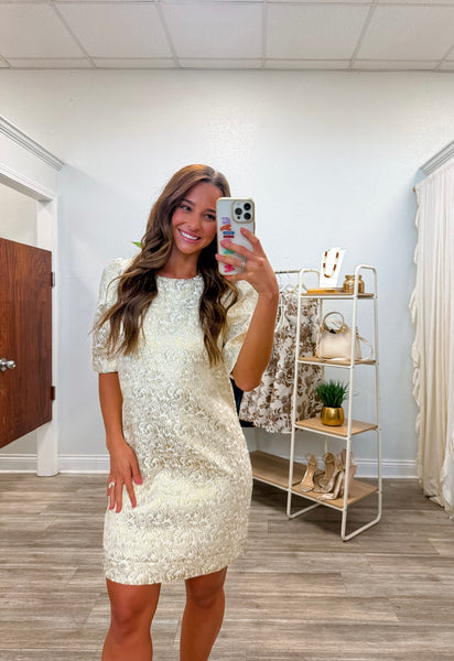 Thea Brocade Puff Sleeve Dress